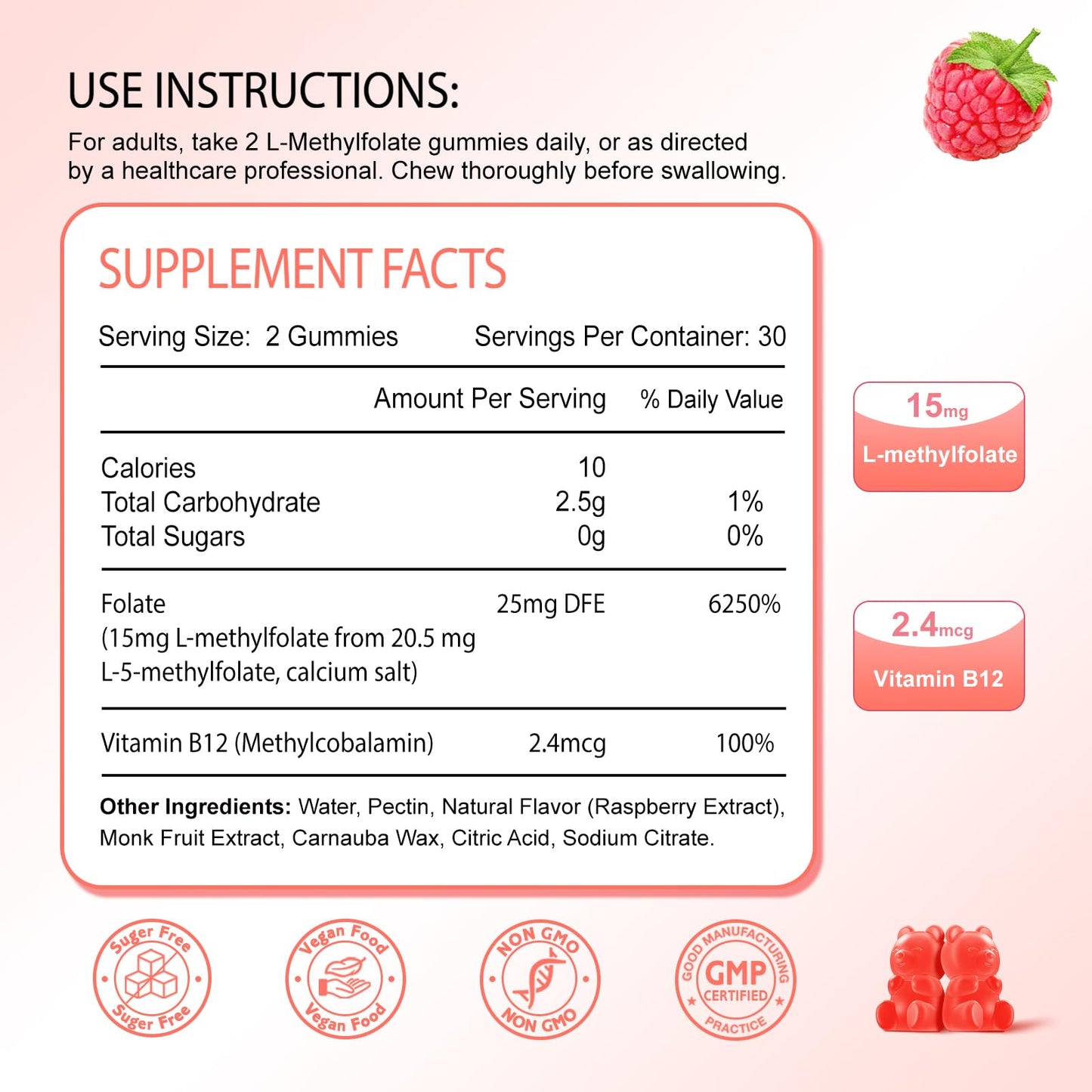 2 Pack L-Methylfolate 15mg Gummies, Methylated Multivitamin with Methylated B12, Active 5-MTHF Form, Supports MTHFR Mutation, Methylation, Mood & Cognition, Vegan, Raspberry Flavor, 120 Cts