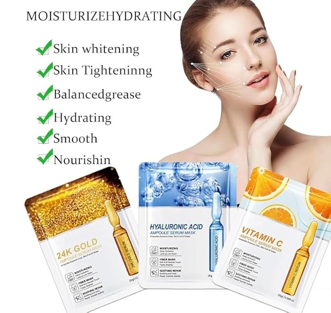 Korean Skin Care Multi-Vitamins Face Sheet Mask, (Pack of 10) 24K GOLD AMPOULE -SERUM MASK