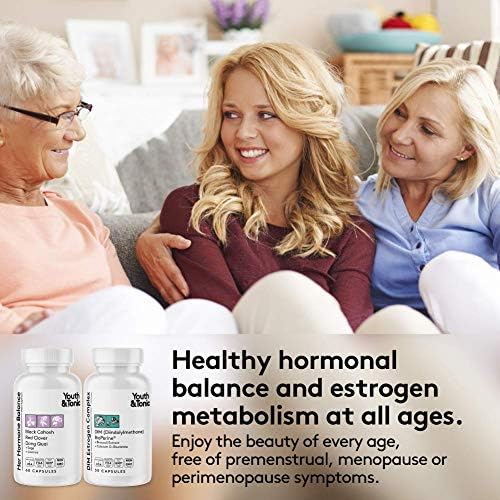 Youth & Tonic Menopause & PMS Support for Women Through Balanced Estrogen Metabolism â 90 Pills with DIM Black Cohosh Red Clover Dong Quai Soy Isoflavones