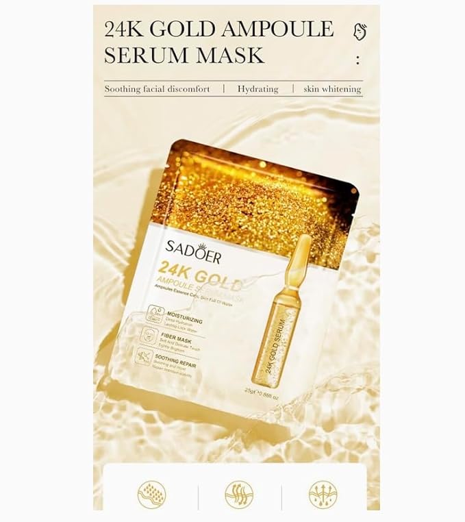 Korean Skin Care Multi-Vitamins Face Sheet Mask, (Pack of 10) 24K GOLD AMPOULE -SERUM MASK