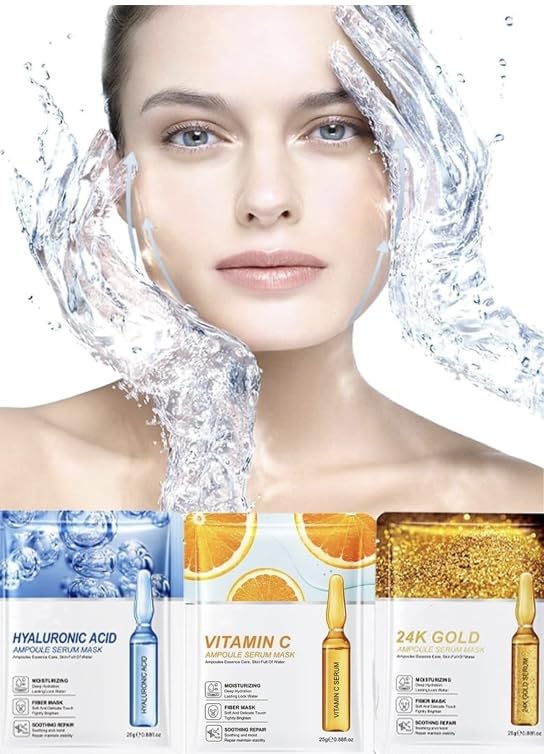 Korean Skin Care Multi-Vitamins Face Sheet Mask, (Pack of 10) 24K GOLD AMPOULE -SERUM MASK