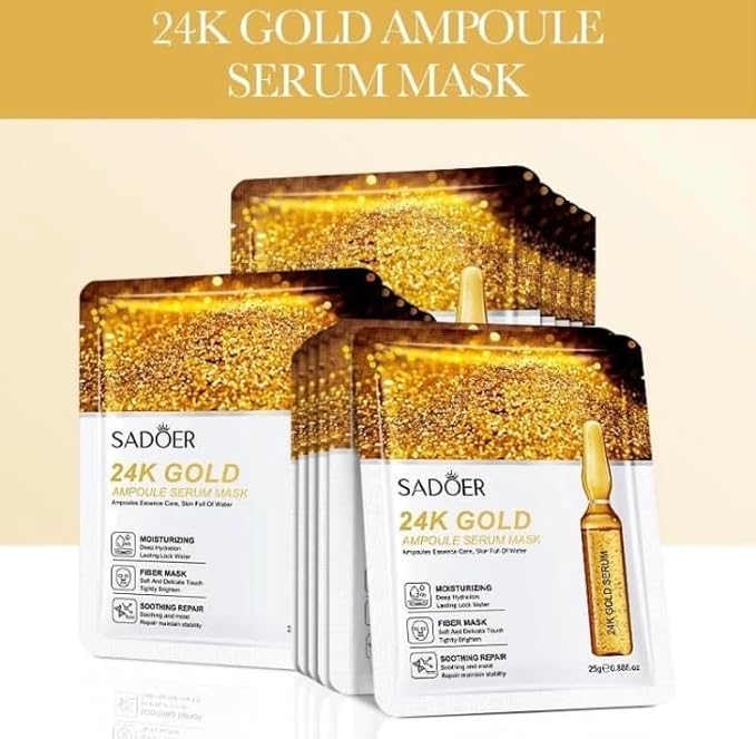 Korean Skin Care Multi-Vitamins Face Sheet Mask, (Pack of 10) 24K GOLD AMPOULE -SERUM MASK