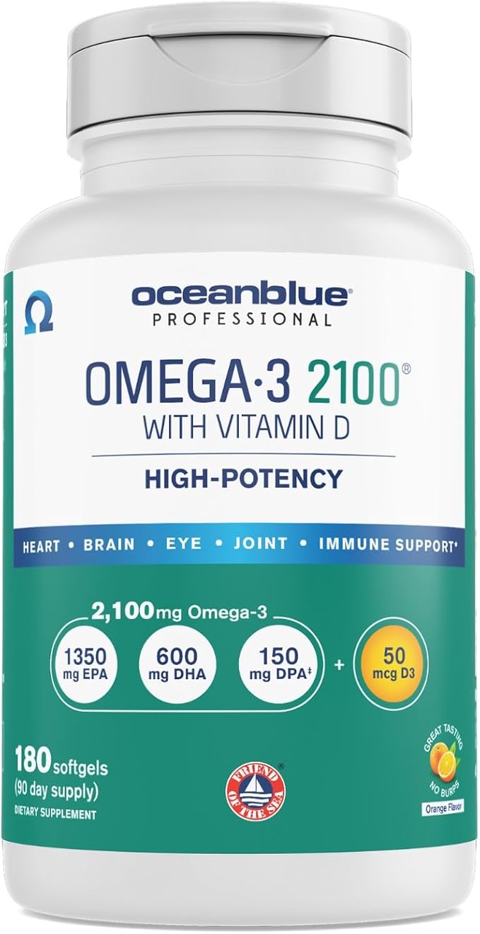Oceanblue Professional Omega-3 2100 â 180 ct â Triple Strength Burpless Fish Oil Supplement with High-Potency EPA, DHA, DPA and Vitamin D3 â Wild-Caught â Vanilla Flavor (90 Servings)