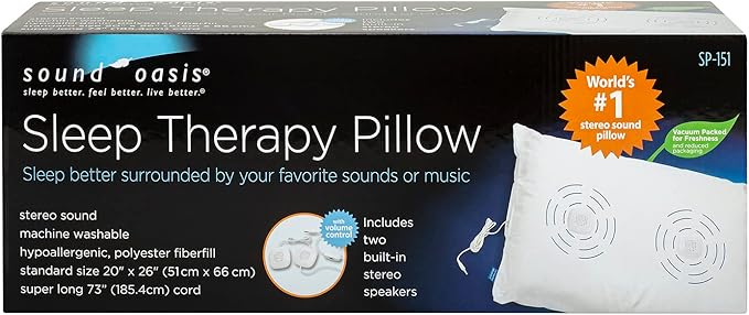 Sound Oasis Sleep Therapy Pillow, 2 Hi-Fidelity, Ultra-Thin Stereo Speakers, Vol. Control, Connect to Sound Source, Fall Asleep Wake Up Refreshed, Sleep, Relax, Manage Tinnitus, Comfortable & Soft.