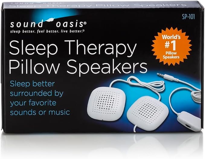 Sound Oasis Pillow Speakers, 2 UltraThin Stereo Speakers, Volume Control, Surround Sound for Music, Sleep, Tinnitus Masking, Connect to External Sound Source with 1/8" 3.5mm Headphone Jack Plug, White