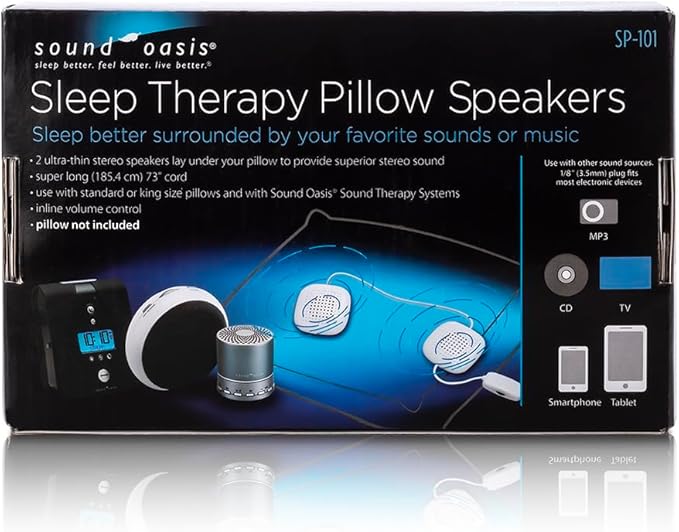 Sound Oasis Pillow Speakers, 2 UltraThin Stereo Speakers, Volume Control, Surround Sound for Music, Sleep, Tinnitus Masking, Connect to External Sound Source with 1/8" 3.5mm Headphone Jack Plug, White