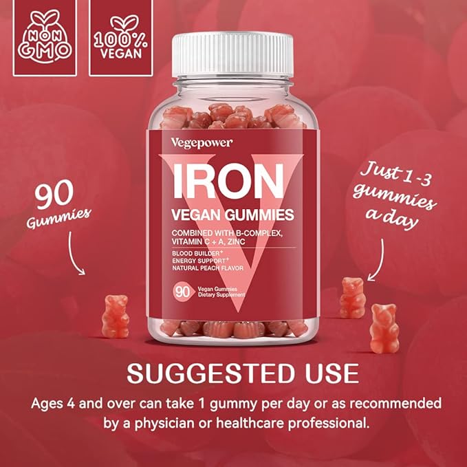 Vegan Iron Gummies Supplement - Multivitamin with Iron for Women & Kids - Blood Builder & Energy Support for Iron Deficiency, Anemia, No After Taste - Peach Flavorďź2 Packsďź