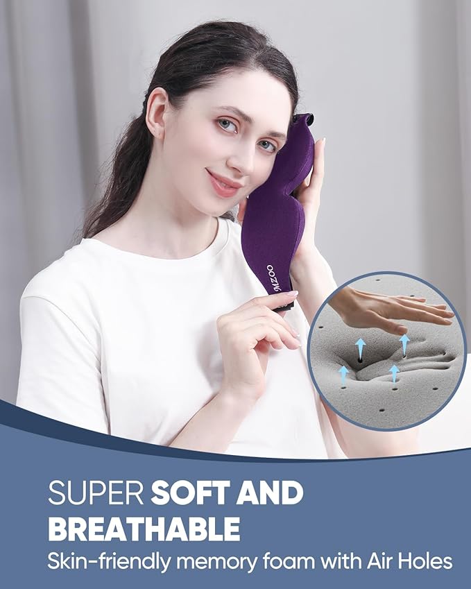 MZOO Sleep Eye Mask for Side Sleeper Men Women, Zero Eye Pressure 3D Sleeping Mask, Light Blocking Patented Design Night Blindfold, Soft Eye Shade Cover for Travel, Purple