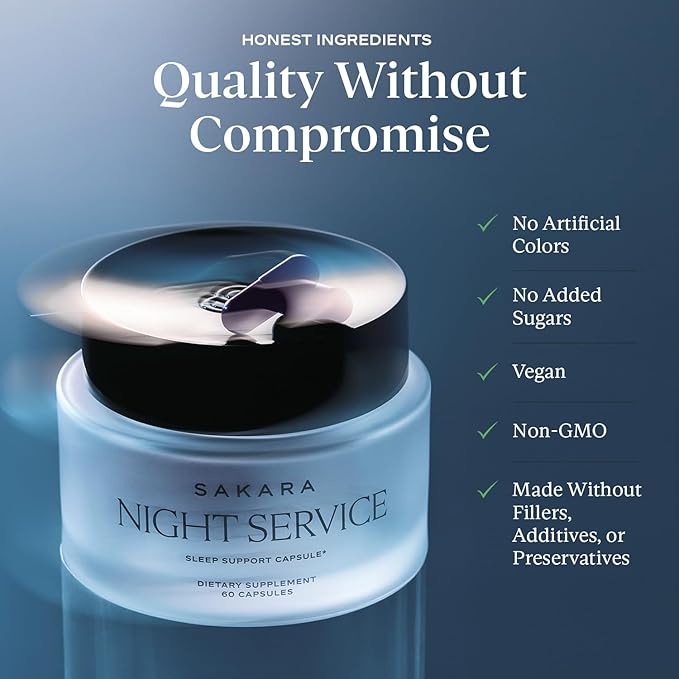 SAKARA Night Service Sleep Support Capsules β Natural Sleep Aid with Magnesium Glycinate, GABA & 5-HTP for Calming, Deep Rest, Better Sleep & Muscle Relaxation β Non-Habit Formingβ 60 Capsules