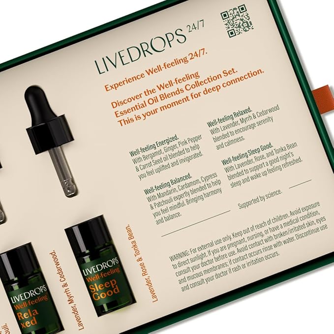 LIVEDROPS 24/7 Essential Oil Gift Set 4 mini Aromatherapy Blends for Energy, Sleep, Relax Natural Oils for Diffuser or Skin Crafted in France by Perfumers Wellness Gift