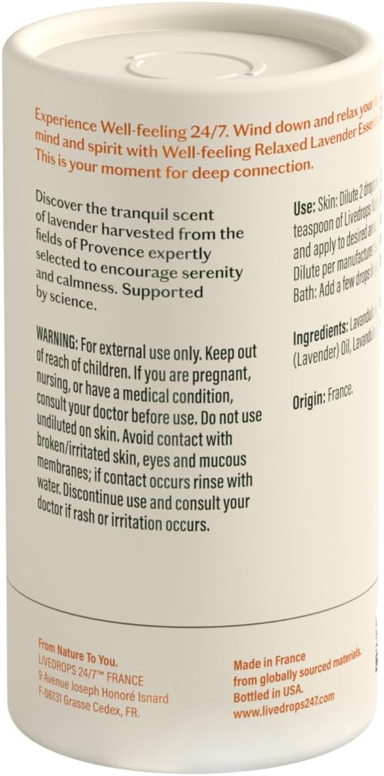 LIVEDROPS 24/7 Relaxed Lavender Essential Oil - Crafted in France - Pure & Natural Aromatherapy for Calm - Diffuser Compatible or Dilute in Carrier Oil for The Skin
