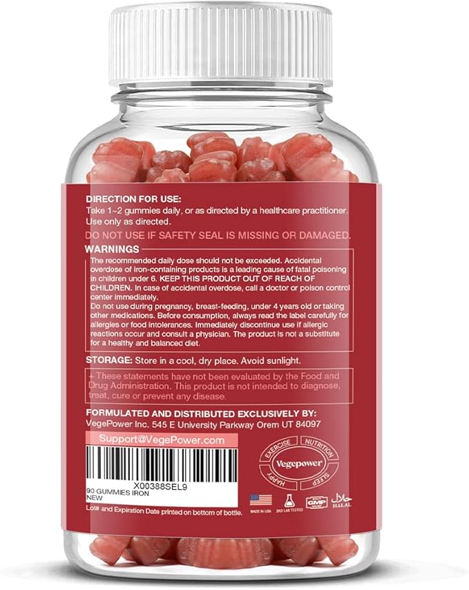 Vegan Iron Gummies Supplement - Multivitamin with Iron for Women & Kids - Blood Builder & Energy Support for Iron Deficiency, Anemia, No After Taste - Peach Flavorďź2 Packsďź