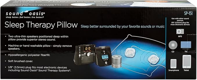 Sound Oasis Sleep Therapy Pillow, 2 Hi-Fidelity, Ultra-Thin Stereo Speakers, Vol. Control, Connect to Sound Source, Fall Asleep Wake Up Refreshed, Sleep, Relax, Manage Tinnitus, Comfortable & Soft.