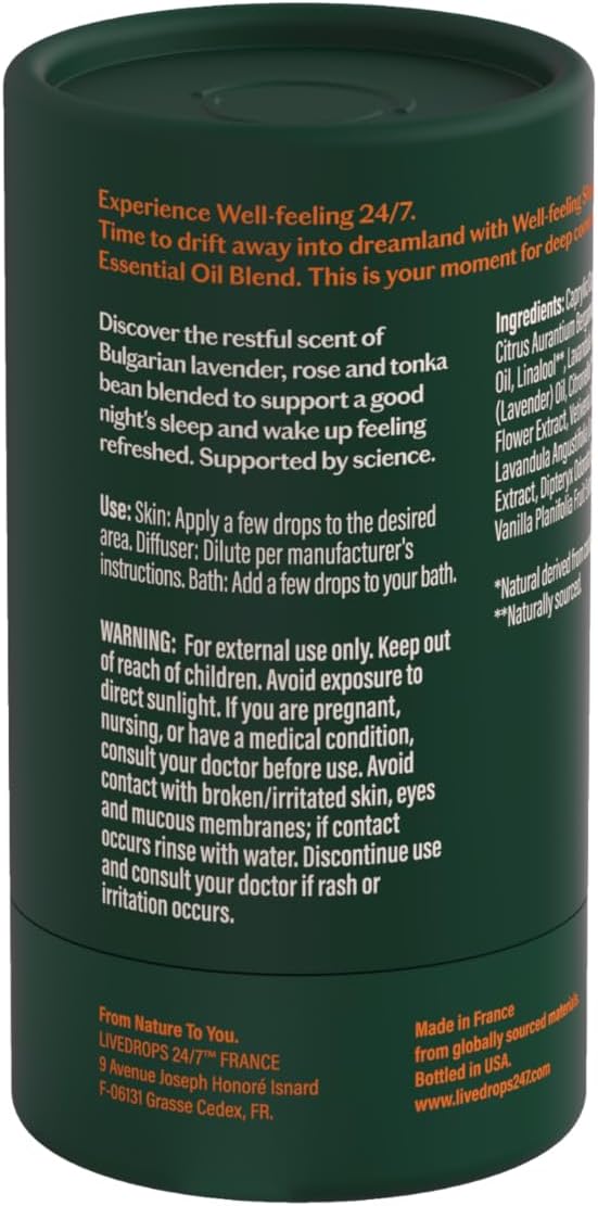 LIVEDROPS 24/7 Sleep Good Essential Oil Blend - Crafted in France - Lavender, Rose & Tonka - Pure & Natural - Aromatherapy - Skin Safe & Diffuser Compatible - Clinically Tested