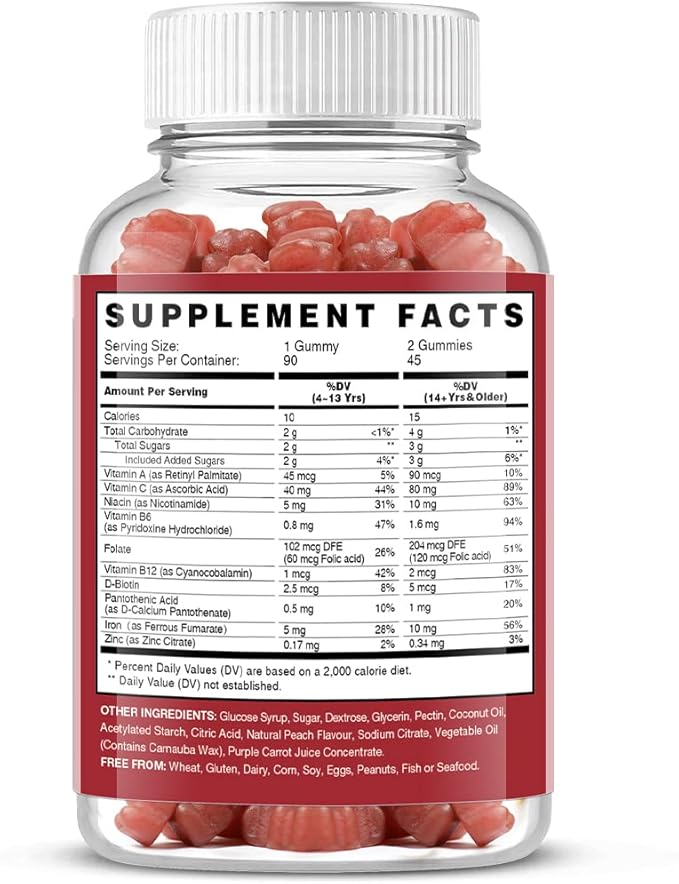 Vegan Iron Gummies Supplement - Multivitamin with Iron for Women & Kids - Blood Builder & Energy Support for Iron Deficiency, Anemia, No After Taste - Peach Flavorďź2 Packsďź