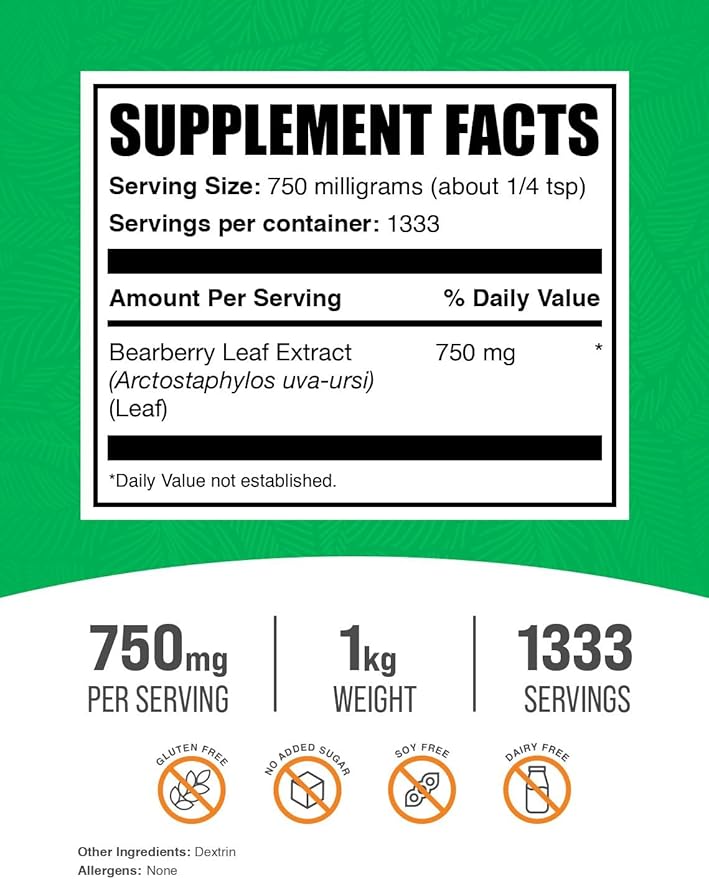 BulkSupplements.com Bearberry Leaf Extract Powder - Uva Ursi Extract, Bearberry Supplement, Bearberry Leaf Powder - Vegan & Gluten Free, 750mg per Serving, 1kg (2.2 lbs) (Pack of 1)