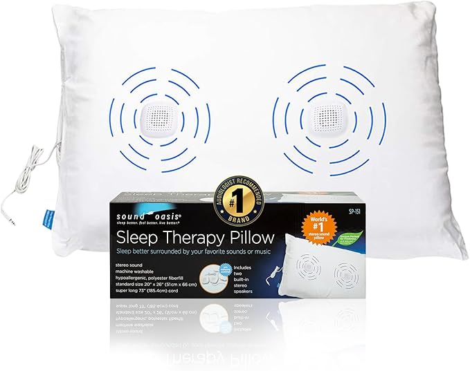 Sound Oasis Sleep Therapy Pillow, 2 Hi-Fidelity, Ultra-Thin Stereo Speakers, Vol. Control, Connect to Sound Source, Fall Asleep Wake Up Refreshed, Sleep, Relax, Manage Tinnitus, Comfortable & Soft.