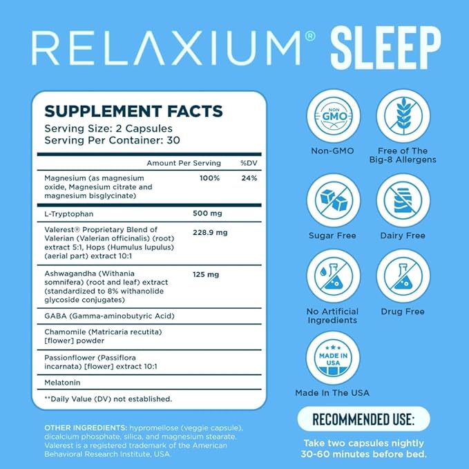 Relaxium Sleep Aid for Adults, Melatonin 5mg with Magnesium Glycinate, Sleep-Promoting Valerest & Ashwagandha, Non-Habit Forming Sleep Supplement, 60 Capsules, 30-Day Supply