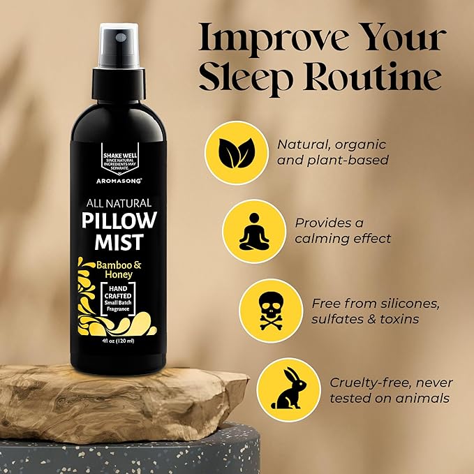 Aromasong Bamboo & Honey Pillow Spray - All Natural Calming Linen & Bedtime Mist for Deep Sleep - Aromatherapy Essential Oils for Sleeping