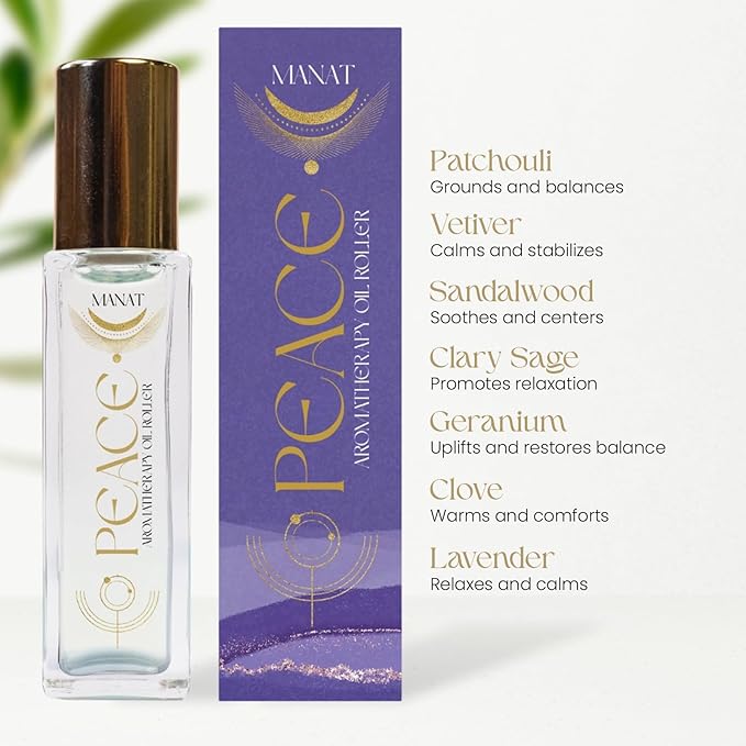 Peace Essential Oil Roll On –100% Natural Aromatherapy – 10ml Glass Roller Ball – Calming & Emotional Balance Blend w/Sandalwood & Lavender - Relaxation, Stress Relief, Self Care, Gift