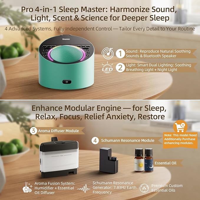Sound Machine Expandable Aroma Diffuser & Schumann Resonance | Metal Shell with 50+ Natural Soothing Sounds & Night Light | Sleep, Focus, Relaxation Support System-(Teal, AN-AIO25-BU)–Adults Kids Baby