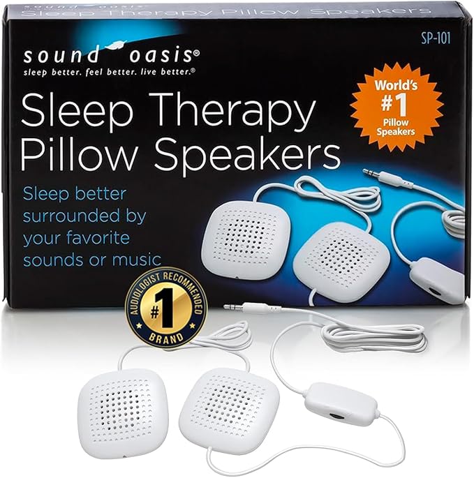 Sound Oasis Pillow Speakers, 2 UltraThin Stereo Speakers, Volume Control, Surround Sound for Music, Sleep, Tinnitus Masking, Connect to External Sound Source with 1/8" 3.5mm Headphone Jack Plug, White