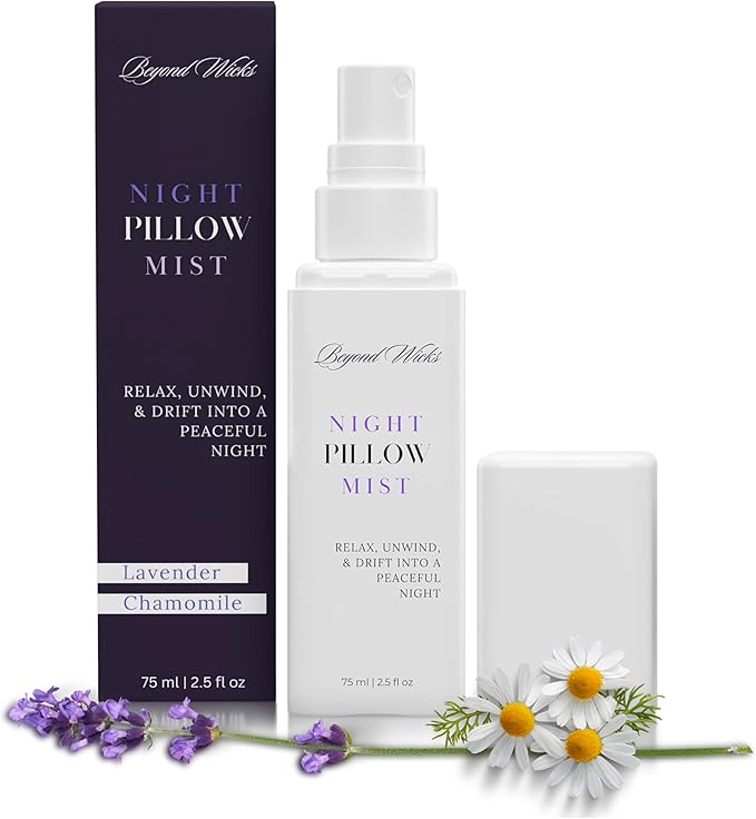 Pillow Mist – Lavender Chamomile Sleep Spray with Essential Oils – Relaxing Aromatherapy for Pillows, Bedding, and Linens – Nighttime Linen Spray – 75ml (2.5 fl oz) by Beyond Wicks