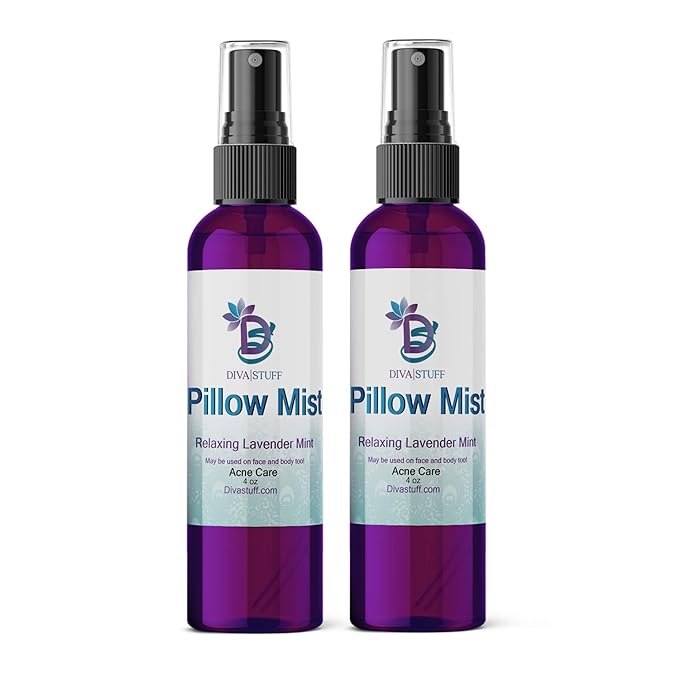 Diva Stuff Pillow Mist - Promotes Clear Skin & Protects from Acne-Causing Funk, Cleans Pillows, Hands & Sheets - Aromatherapy Spray for Relaxation & Sleep, Made in USA (Lavender, Dual Pack, 4 oz Each)