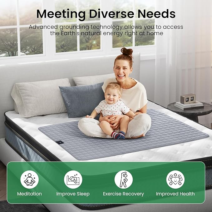 Grounding Mat for Bed, Silver Fiber Grounding Blanket – Stress & Pain Relief, Enhanced Sleep, Inflammation Reduction, Balance Restoration - Gifts for Women | Gray 35"x50"
