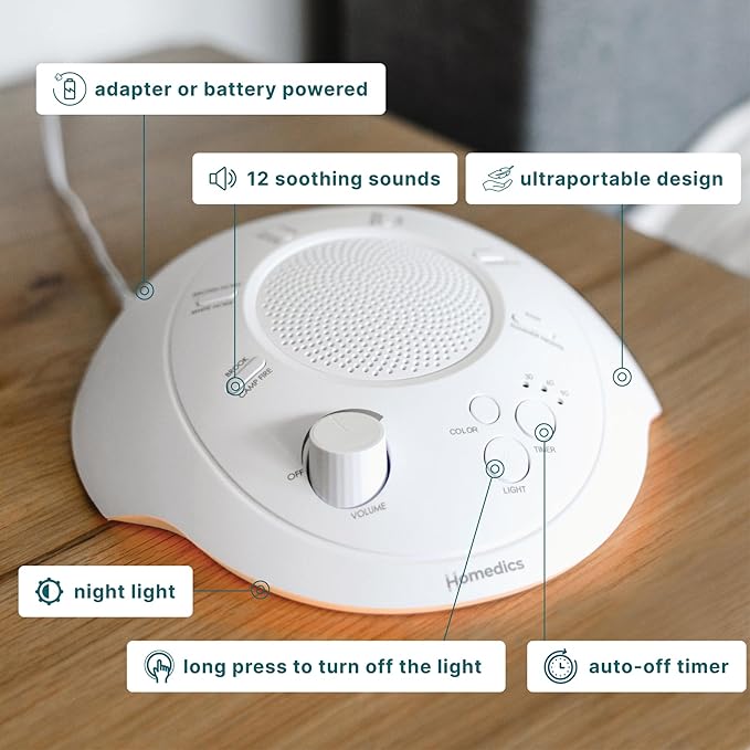 Homedics Premium Sleep Better Portable Sound Machine, Night Light,12 Soothing Sounds Including White Noise, Rain, and Thunderstorm, Ultra-Portable Design, Auto-Off Timer, for Travel & Baby Sleep