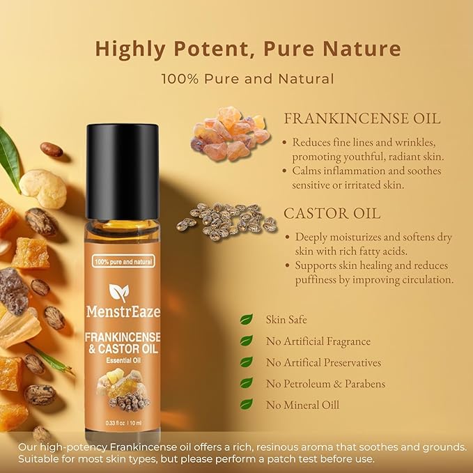 Frankincense and Castor Essential Oil Roll On, 100% Pure and Natural Castor Oil & Frankincense for Face, Deep Hydration, Wrinkles, Dark Circles Under Eye Roller Ball, 10ml