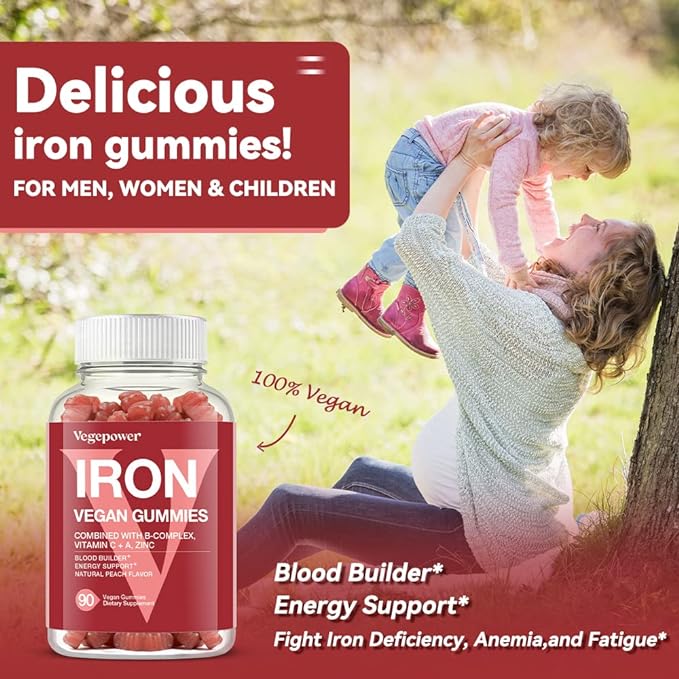 Vegan Iron Gummies Supplement - Multivitamin with Iron for Women & Kids - Blood Builder & Energy Support for Iron Deficiency, Anemia, No After Taste - Peach Flavorďź2 Packsďź