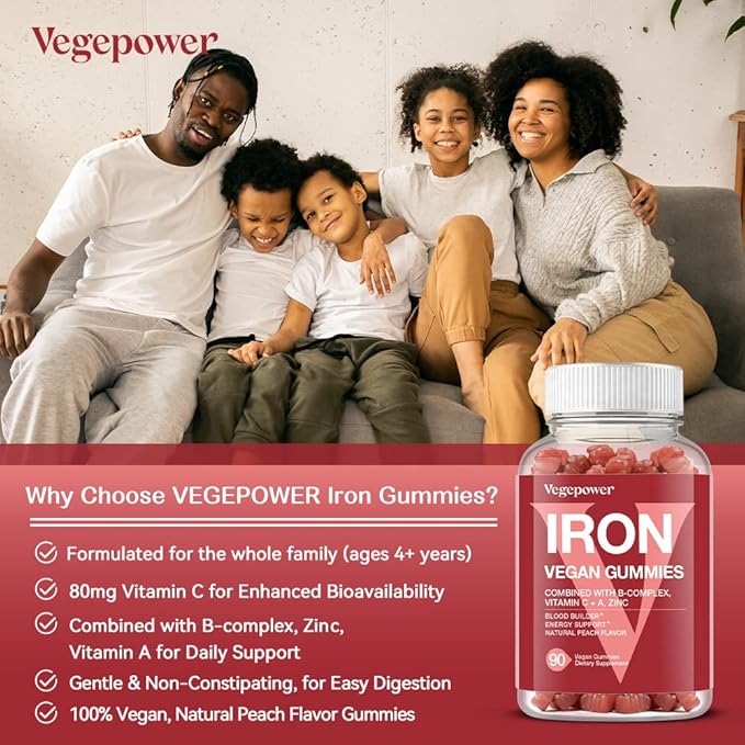 Vegan Iron Gummies Supplement - Multivitamin with Iron for Women & Kids - Blood Builder & Energy Support for Iron Deficiency, Anemia, No After Taste - Peach Flavorďź2 Packsďź