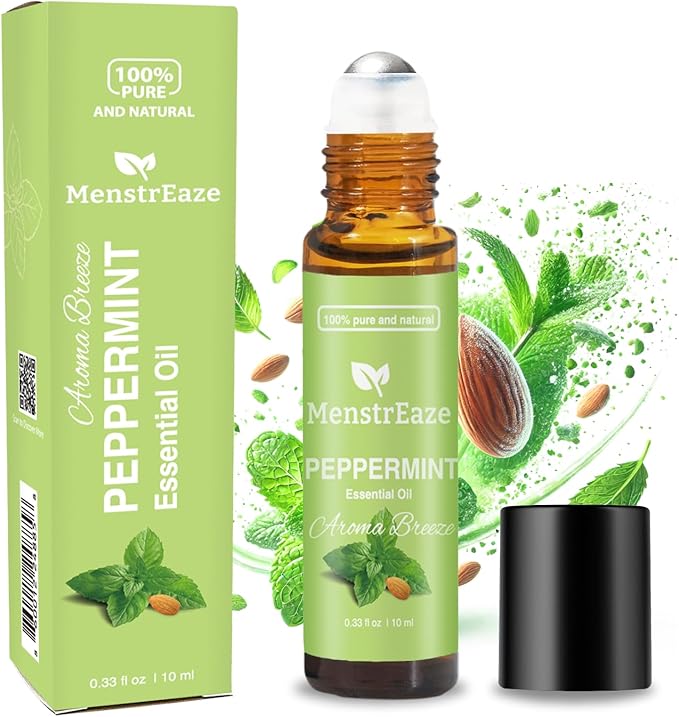 Peppermint Essential Oil Roll On, Gentle Aroma, Migraine & Headache Support, Skin Nourishing, Sweet Almond Oil, Nighttime Refreshing and Calming, 100% Natural & Pure, Mood Uplifting, 10ml
