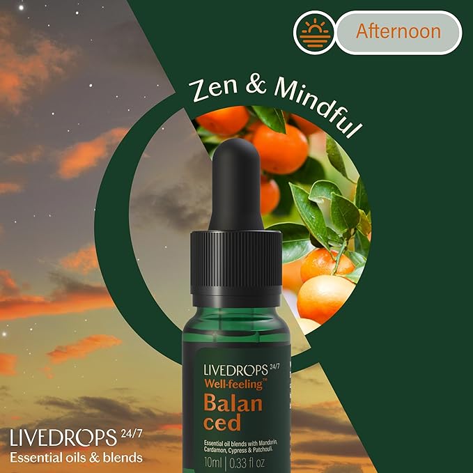 LIVEDROPS 24/7 Balanced Essential Oil Blend - Crafted in France Mandarin, Cardamon & Patchouli - Pure & Natural - Aromatherapy - Skin Safe & Diffuser Compatible - Clinically Tested