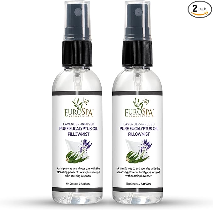 EuroSpa Aromatics Lavender-Infused Pure Eucalyptus Oil Pillow Mist Sleep Spray - Deep Sleep Pillow Spray - Lavender Bed Spray - Lavender Spray Sleep Mist - Lavender Linen Spray for Bedding - 2oz