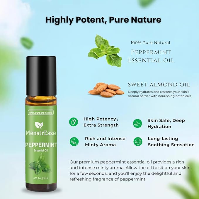 Peppermint Essential Oil Roll On, Migraine & Headache Support, High Potency, Purem Natural Oil, Blend with Sweet Almond Oil for Skin, Refreshing and Calming, Nausea Support, 10ml