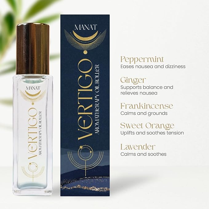 Vertigo Essential Oil Roll On –100% Natural Aromatherapy – 10ml Glass Roller Ball – Dizziness Reduction, Blance & Clarity Blend w/Peppermint, Ginger & Orange - Relaxation, Self Care, Gift