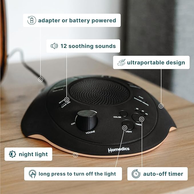 Homedics Premium Sleep Better Portable Sound Machine, Night Light,12 Soothing Sounds Including White Noise, Rain, and Thunderstorm, Ultra-Portable Design, Auto-Off Timer,for Travel & Baby Sleep, Black