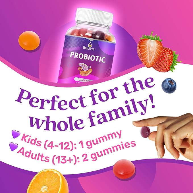 BeLive Probiotic Gummies - Probiotics with 5 Billion CFUs for Digestive Health, Men, Women & Kids - for Immune Support, Sugar Free & Vegan | 60 Ct â Blueberry, Strawberry & Orange