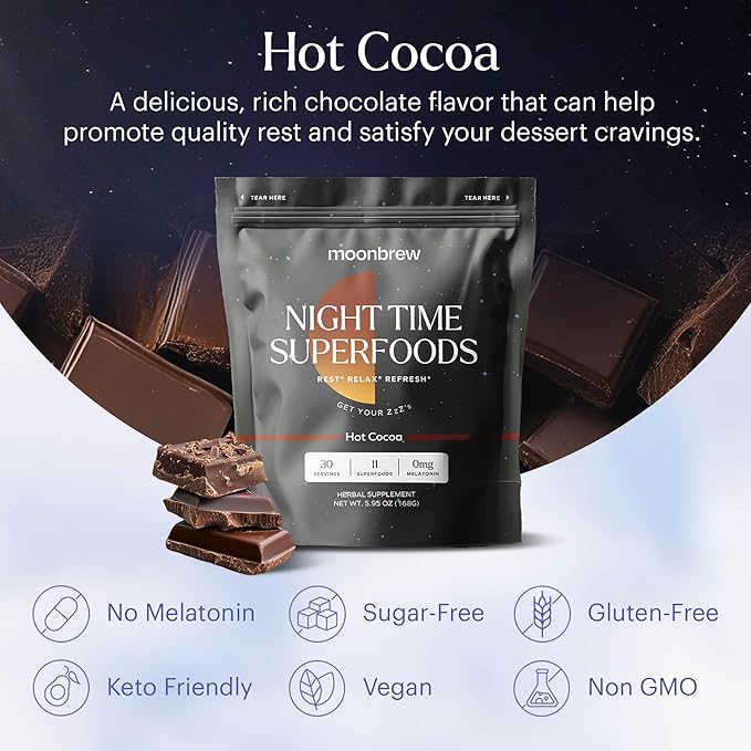 MoonBrew Nighttime Magnesium Hot Cocoa, Natural Sleep Aid Drink Mix for Adults - Calming Melatonin-Free Sleep Support - Sleepy Hot Chocolate Powder with L-Theanine, Chamomile & Zinc Glycinate - 2-Pack
