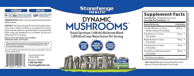 Stonehenge Health Dynamic Mushrooms - 100% Fruiting Bodies & Extracts - Lionâs Mane, Chaga, Maitake, Shiitake, Reishi - Nootropic Brain & Immune System Support - No Mycelium - 60 Veggie Capsules