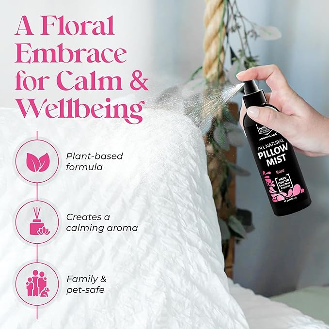 Aromasong Rose Pillow Spray - All Natural Calming Linen & Bedtime Mist for Sleep - Aromatherapy Botanical Essential Oils for Sleeping - Relaxing Fragrance Rose Scent 4 fl. Oz.