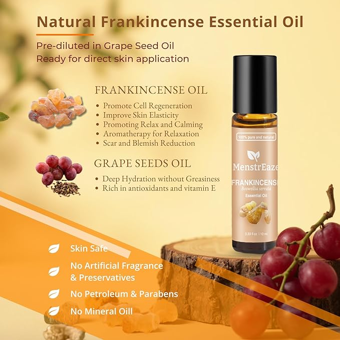 Frankincense and Grapeseed Essential Oil Roll On, Therapeutic Grade Daytime Skincare and Mood Support,100% Pure and Natural Grapeseed Oil & Frankincense for Face, Skin, Aging, Fine lines, Relax, 10 ml