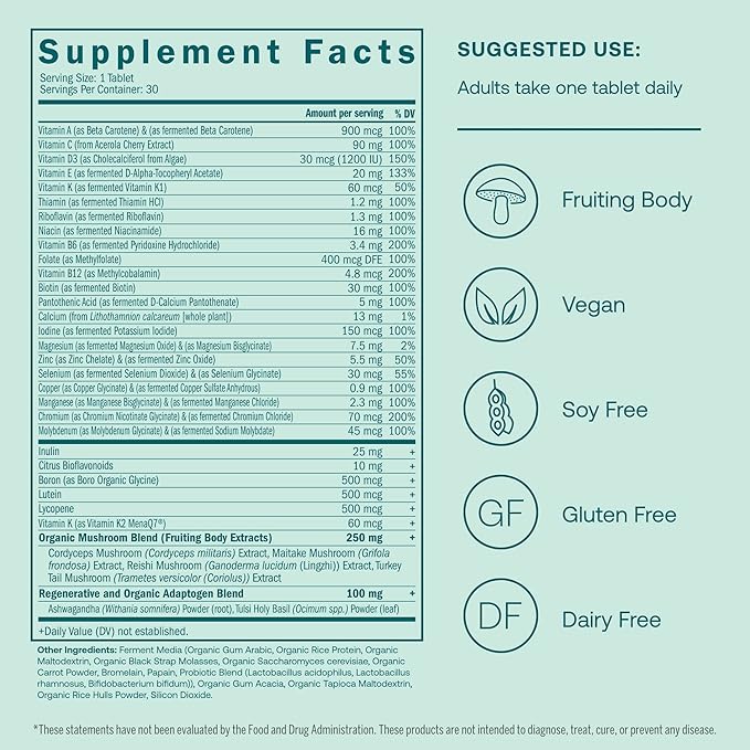 True Grace One Daily Menâs Multivitamin Fermented Minerals, Organic Adaptogens & Mushrooms Whole Body Balance Immune, Endurance, Bone & Heart Support - Non-GMO, Gluten Free - 30 Vegan Tablets