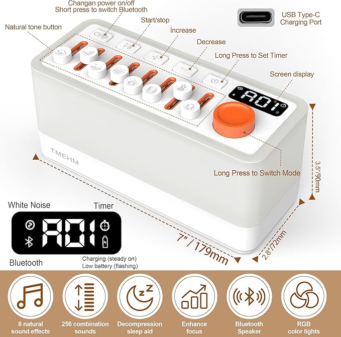 White Noise Sleep Sound Machine with 8 Nature Sounds, Portable Bluetooth Speaker, 12 Colors Night Lights, Sleep Timer & Breathing Exercises, for Babies, Kids, and Adults