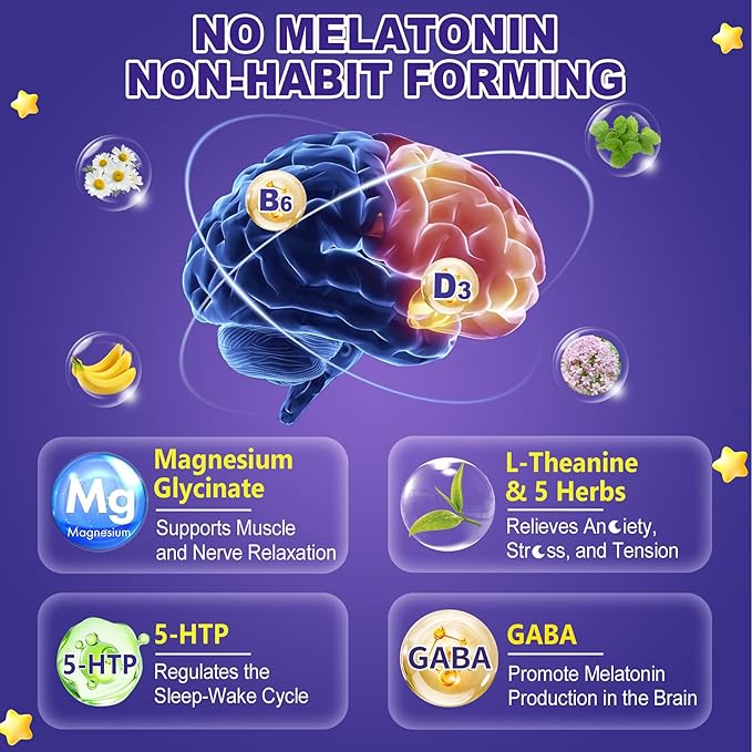Melatonin Free Sleep Gummies(Made in USA) with Magnesium Glycinate, GABA, 5-HTP, L-Theanine, Valerian, Chamomile, Lemon Balm, Vitamin D3 & B6 - Hormone & Drug- Free, Non-Habit Forming,2 Pack