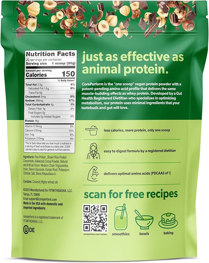 Core Perform's Plant Based Chocolate Hazelnut Protein Powder, Low Fodmap, Gluten Free, Non GMO and Vegan, Developed by a Gut Health Registered Dietitian (20 Servings)
