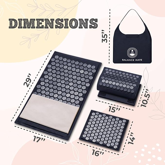 Acupressure Mat & Pillow – Natural Back & Neck Pain Relief, Stress Relief, and Better Sleep Kit (Includes Pillow & Carry Bag, Deep Black).