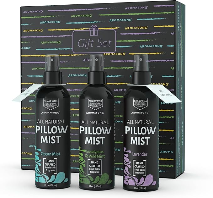 Aromasong All Natural Pillow Spray for Deep Sleep- Holiday Gift Pack of Lavender, Ocean Mist, and Eucalyptus Included - Calming Linen & Bedtime Natural Essential Oil Mist Spray for Sleeping